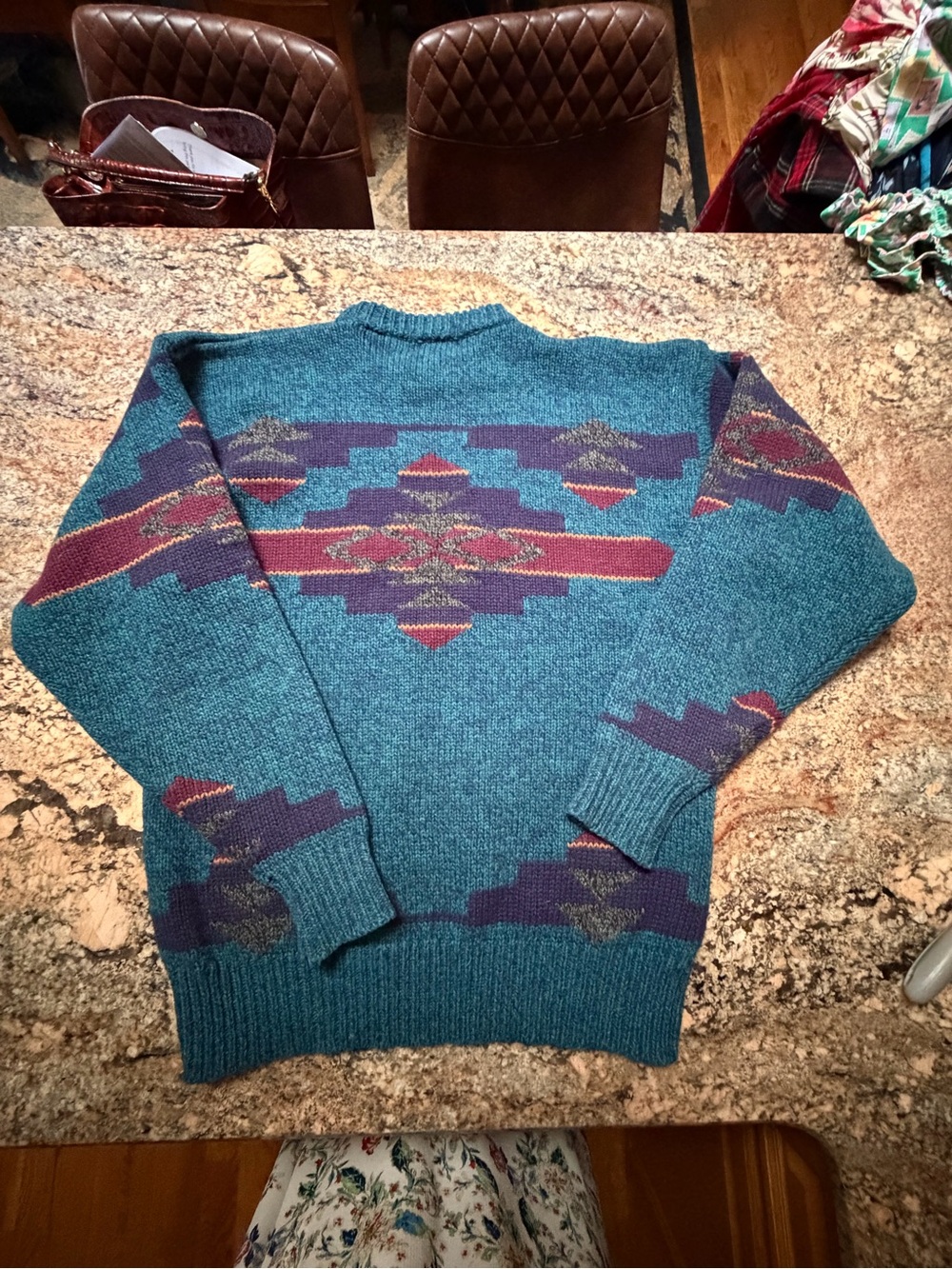 Eddie Bauer Teal Crewneck Sweater with Purple & Red Geometric Pattern - Picture 2 of 8
